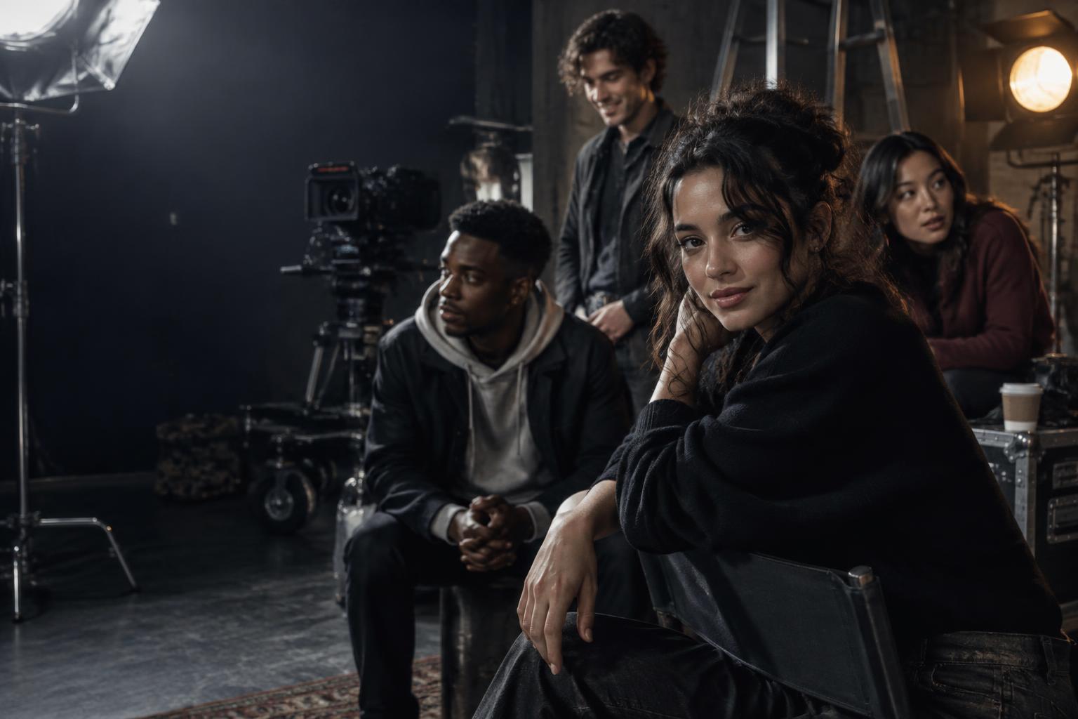 Performers and camera crew on a film set